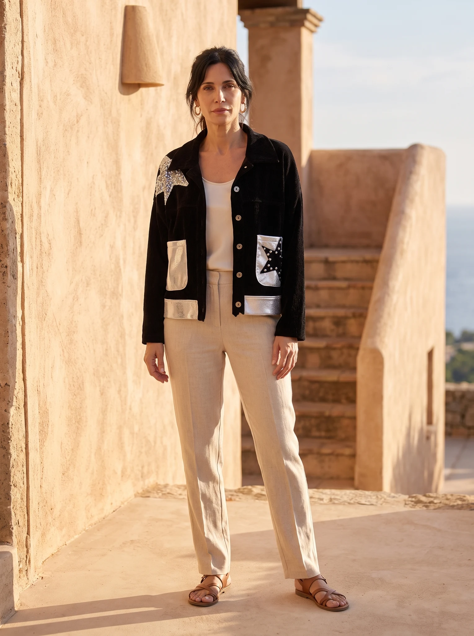 Chaqueta Italy Con Apliques presentado en modelo (visualización digital)