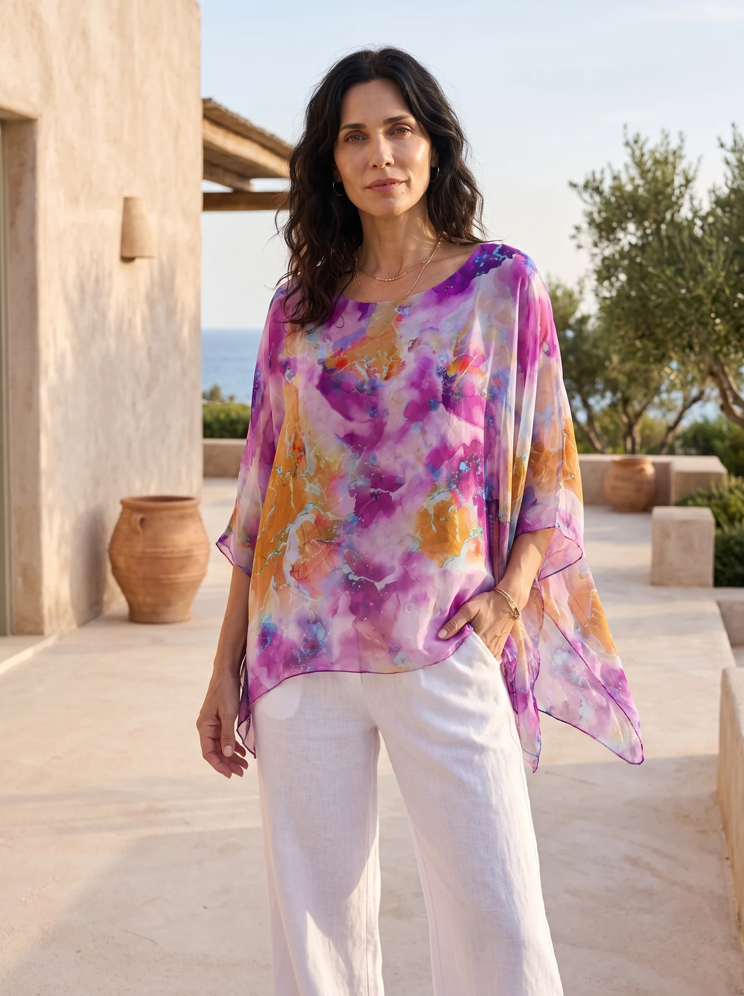 Blusa Gasa Italiana Forrada presentado en modelo (visualización digital)