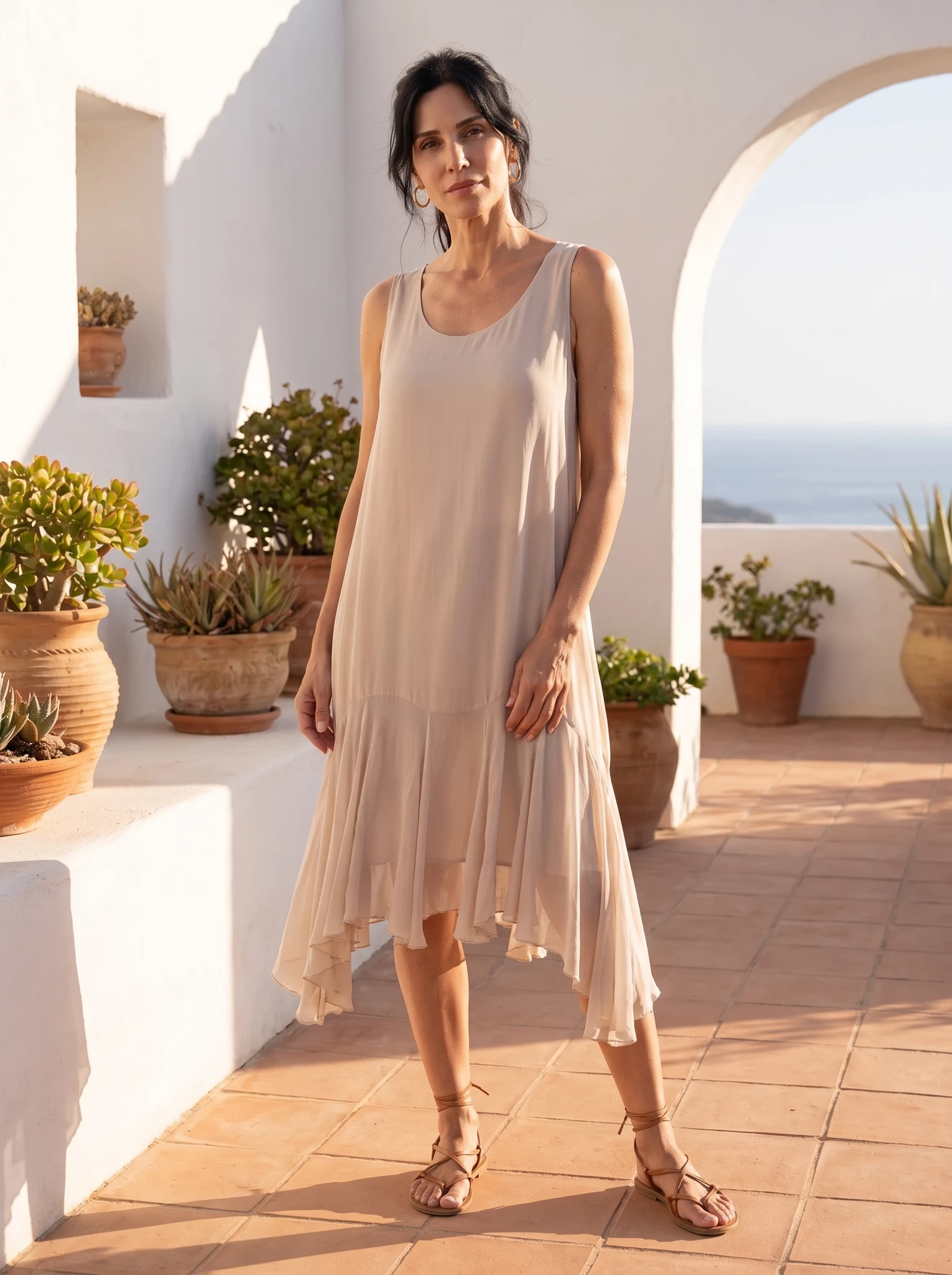 Vestido Corto De Gasa Con Volados presentado en modelo (visualización digital)